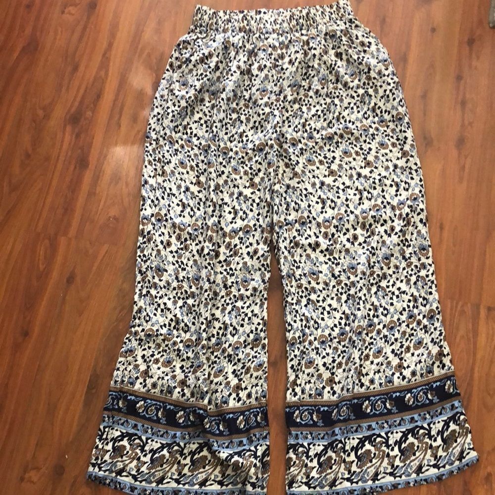 Indero Floral palazzo pants wide leg border print navy white size L